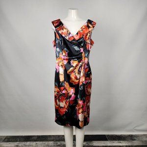 Evan Picone Black &Orange Floral Sleeveless Dress Size 16